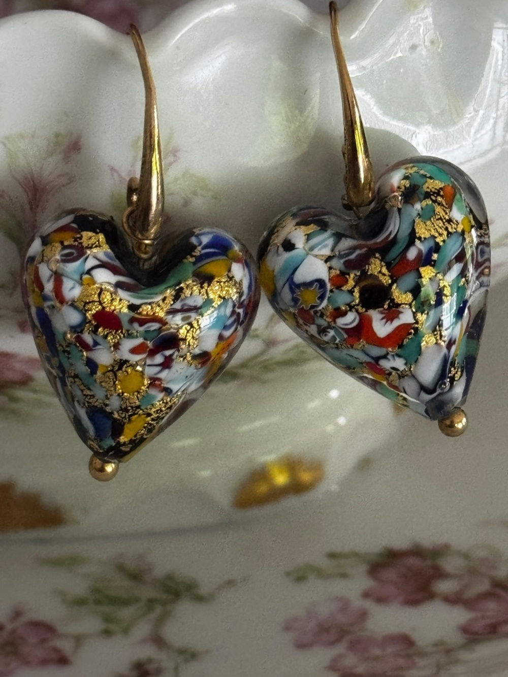 Murano Glass Heart Earings Gold Wires - Picture 3 of 11